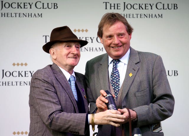 Paul Webber (right) with Martin Pipe after Indefatigable won at Cheltenham in 2020 