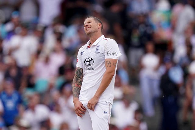 Brydon Carse shrugs in frustration after bowling for England.