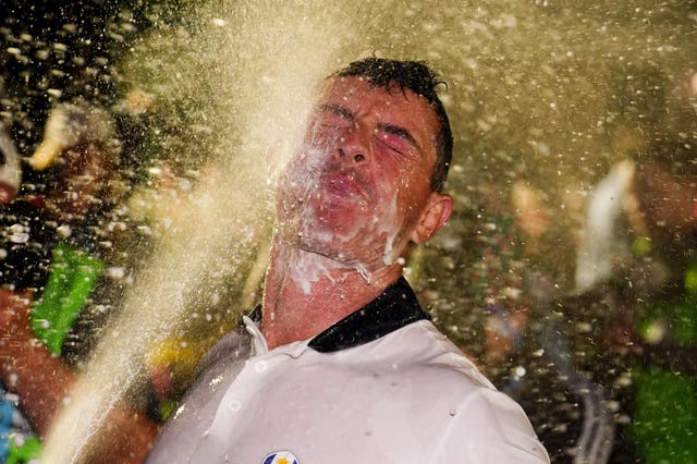 Rory McIlroy of Team Europe celebrates after winning the Ryder Cup, beating the United States 15-13 on day three of the 2025 Ryder Cup at the Bethpage Black Course, Farmingdale, New York