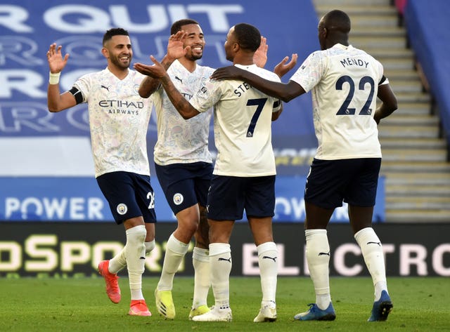 Manchester City's Gabriel Jesus (second left) celebrates scoring against Leicester