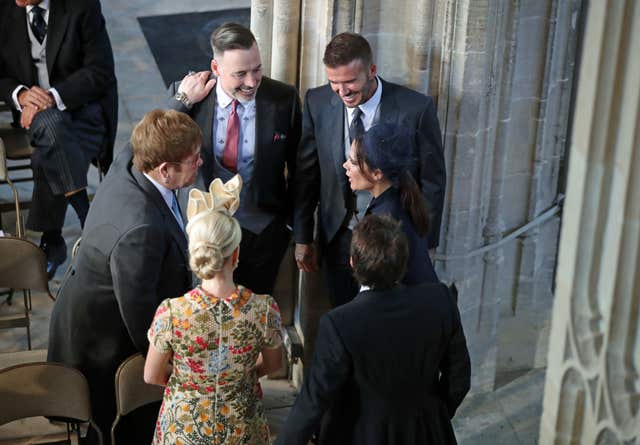 Sir Elton, with his husband David Furnish, chatted to fellow guests including David and Victoria Beckham and Sofia Wellesley and James Blunt as they arrived at St George’s Chapel at Windsor Castle (Danny Lawson/PA)