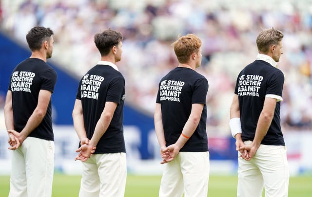 England players line up wearing t-shirts campaigning against discrimination ahead of the second Test against New Zealand