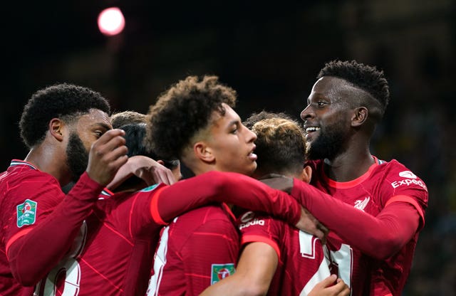 Liverpool’s Divock Origi celebrates scoring his first goal in a year