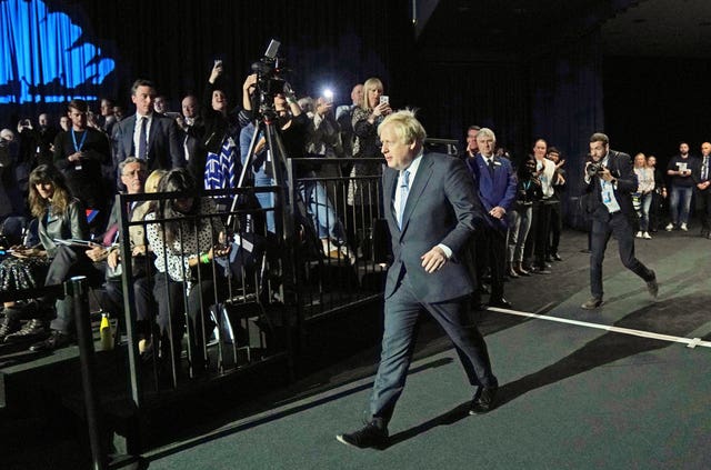 Prime Minister Boris Johnson arrives to deliver his keynote speech at the Conservative Party conference in Manchester