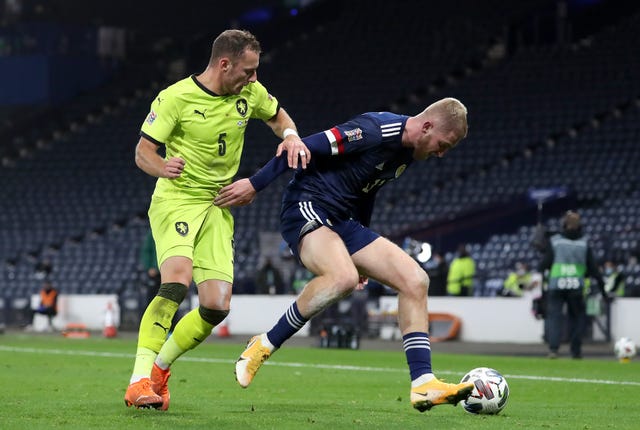 Oliver McBurnie, right, hit the bar late on