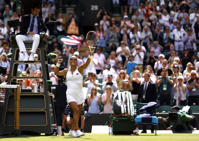 Heather Watson celebrates victory following her match on Court One