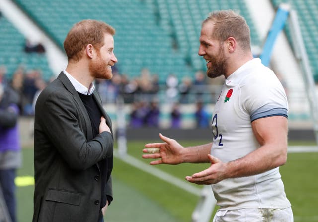 James Haskell speaks to Prince Harry at England training on Friday