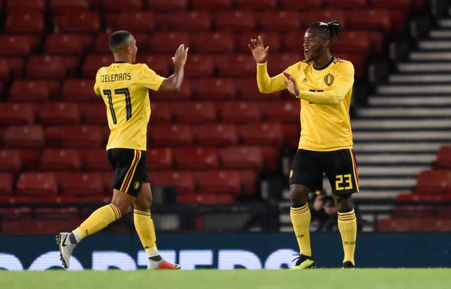 Belgium’s Michy Batshuayi celebrates with Youri Tielemans