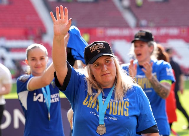 Chelsea manager Emma Hayes waves to the fans after winning the Barclays Women’s Super League