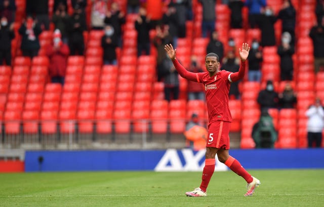 Georginio Wijnaldum acknowledges the fans after his farewell appearance
