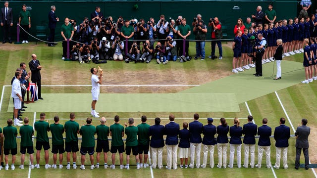 Roger Federer celebrates a record eighth Wimbledon men's singles title. The 35-year-old beat Croatian Marin Cilic 6-3 6-1 6-4 in the 2017 final, becoming the oldest man in the Open era to win at the All England Club and surpassing the achievements of Pete Sampras and William Renshaw, who won their seventh titles in 2000 and 1889 respectively