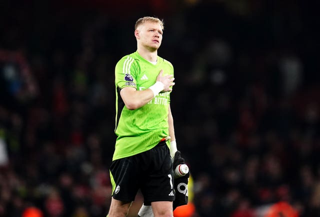 Aaron Ramsdale celebrates with Arsenal fans after defeating Brentford at the Emirates Stadium