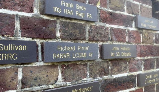 The plaque for Richard Pirrie, Royal Australian Navy, at the Normandy Memorial Wall next to the D-Day Story museum, Southsea