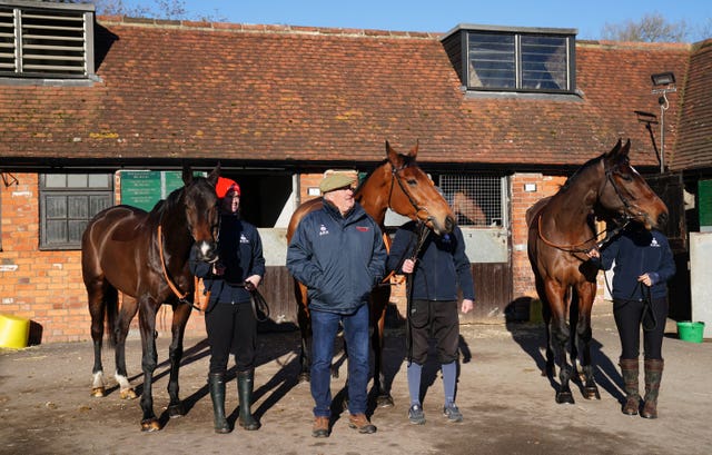 Trainer Paul Nicholls with his King George candidates (left to right) Frodon, Bravemansgame and Hitman during a visit to Manor Farm Stables