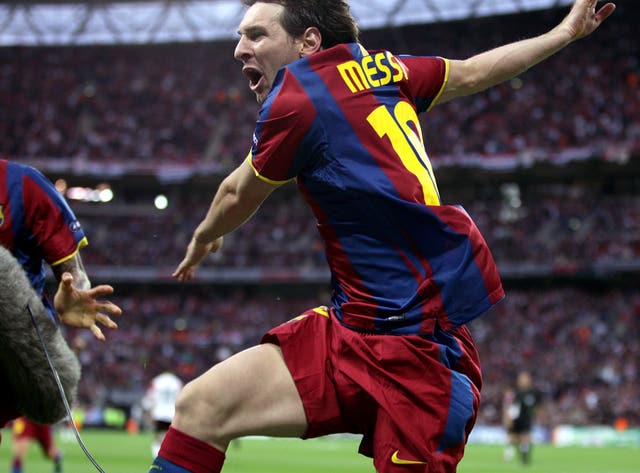 Lionel Messi celebrates a goal for Barcelona