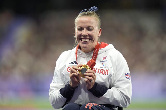 Great Britain’s Hannah Cockroft on the podium with the gold medal after winning the Women’s 800m – T34 Final at the Stade de France on day ten of the Paris 2024 Summer Paralympic Games.