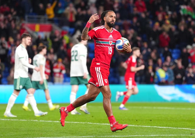 Sorba Thomas celebrates after scoring Wales&rsquo; equaliser against Northern Ireland