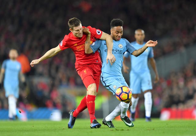 Liverpool’s James Milner (left) and Manchester City’s Raheem Sterling during Liverpool's 1-0 victory in December 2016