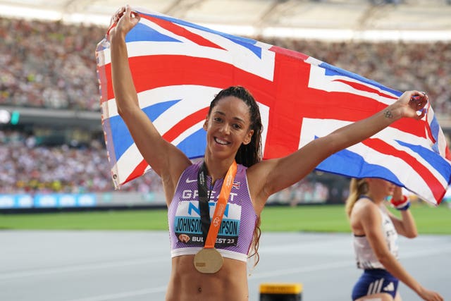 Katarina Johnson-Thompson celebrates her gold medal success in Budapest