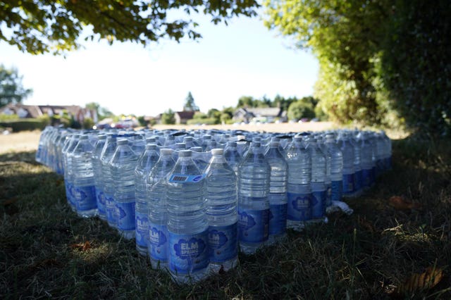 Bottles of water supplied by Thames Water for residents of the village of Northend in Oxfordshire (Andrew Matthews/PA)