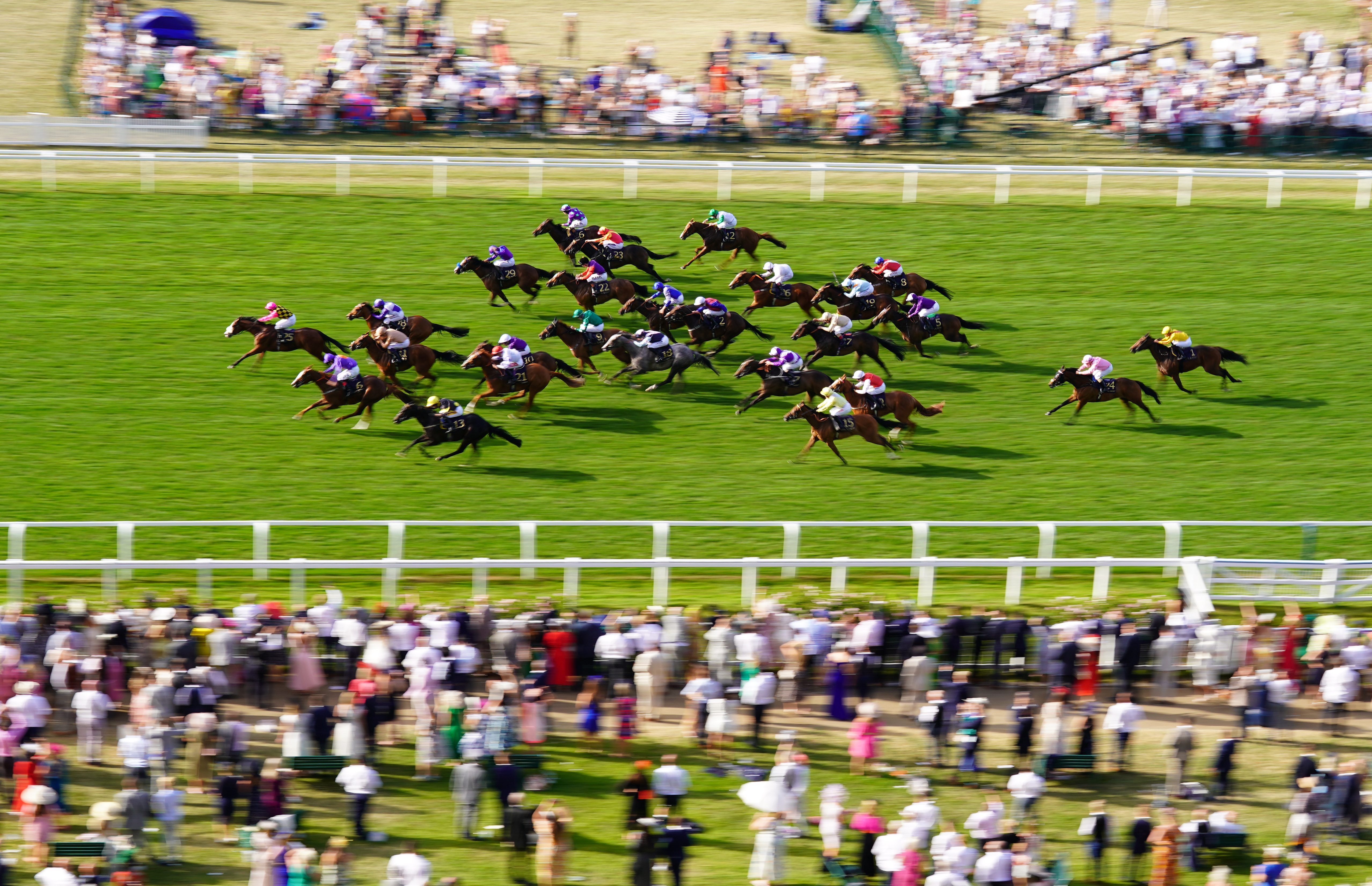 Latin Lover (purple and white quarters) burst out of the pack to win