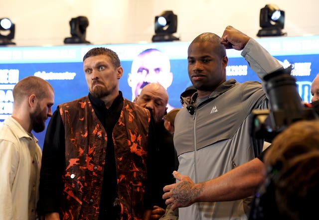 Oleksandr Usyk (left) and Daniel Dubois during a press conference at Wembley in April