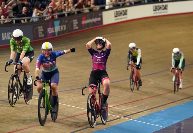 Jenny Holl wins the Women’s Points Race final during day three of the National Track Championships in Manchester
