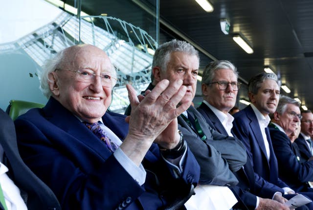 Left to right, president of Ireland Michael D Higgins, FAI president Paul Cooke, Prime Minister Sir Keir Starmer and Taoiseach Simon Harris during the Republic of Ireland v England match at the Aviva Stadium in Dublin