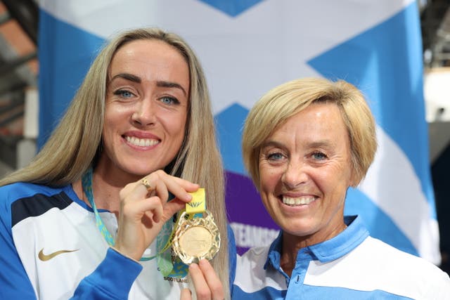 Handout photo of Scotland’s Eilish McColgan (left) poses with her gold medal alongside Liz McColgan on day seven of the 2022 Commonwealth Game