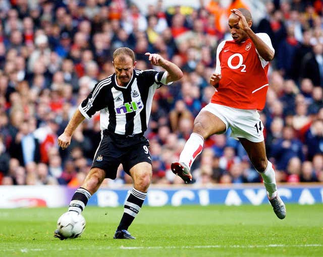 Former Newcastle captain Alan Shearer, left, and Arsenal great Thierry Henry are the only players to have won the Premier League golden boot in three successive seasons