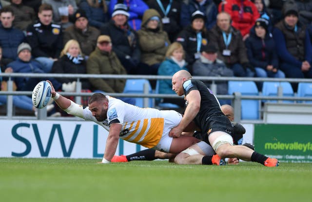 Wasps' Zurabi Zhvania scores a try in his side's 26-19 win at Exeter 