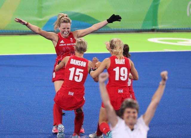 Great Britain’s Hollie Webb celebrates with team-mates after scoring the winning goal in the penalty shootout during the Gold medal match against Netherlands at Rio in 2016