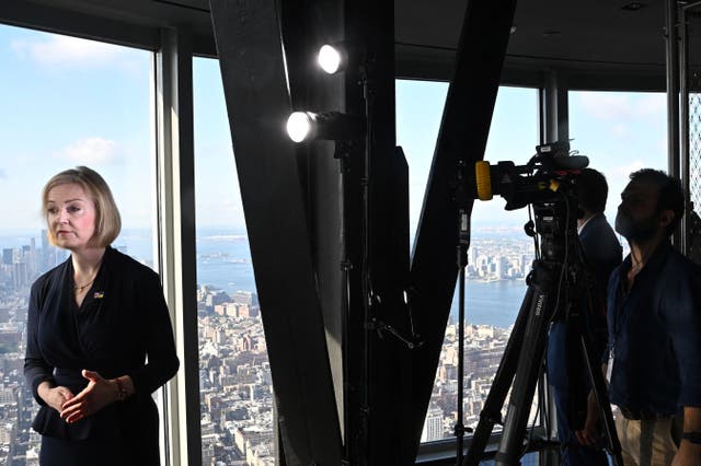 Prime Minister Liz Truss speaks to journalists at the Empire State Building in New York