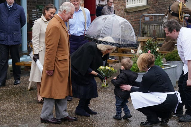 The King and the Queen Consort during their visit to Talbot Yard Food Court in Yorkersgate, Malton, North Yorkshire