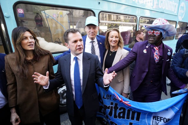 Reform UK Treasury spokesman Robert Jenrick (centre left) with deputy leader Richard Tice (centre) and London mayoral candidate Laila Cunningham during a &lsquo;national fuel tax protest&rsquo; in Whitehall, central London