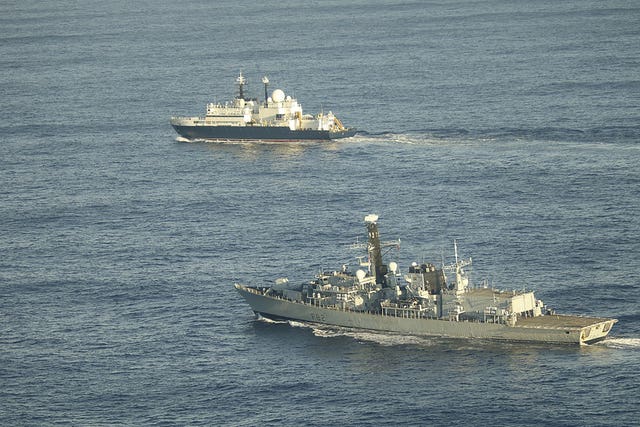 HMS Somerset with the Russian spy ship Yantar