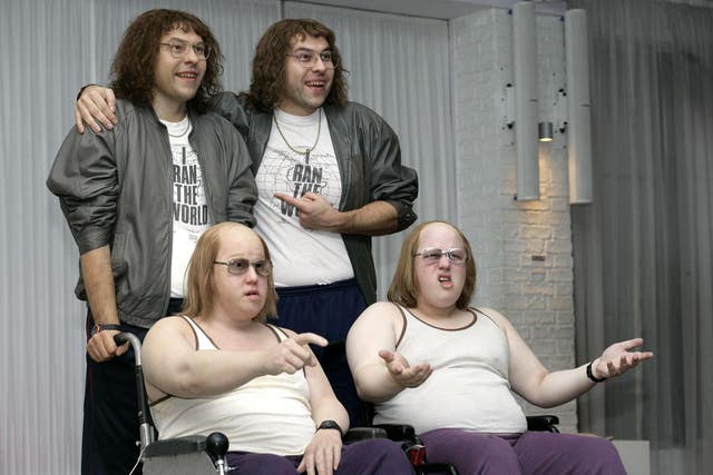 Matt Lucas and David Walliams in costume as Lou and Andy from Little Britain, meet the waxworks of their characters at Madame Tussauds , central London, in 2005  