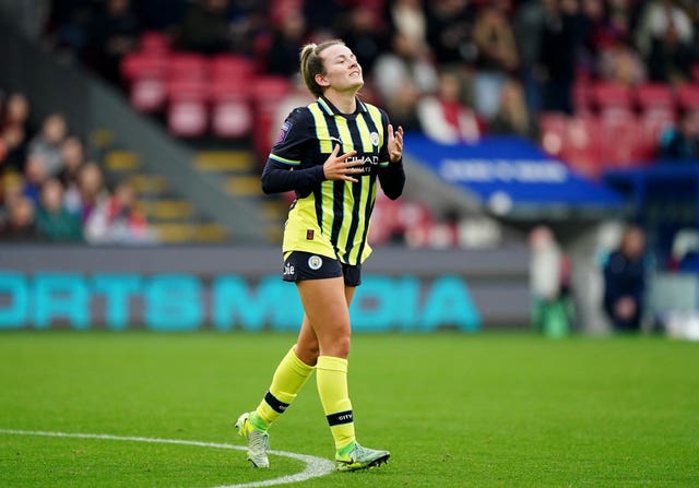 Manchester City’s Lauren Hemp reacts to a missed chance against Crystal Palace