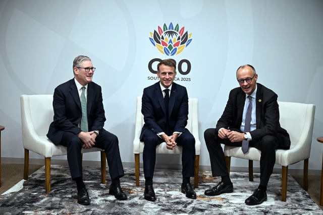 Prime Minister Sir Keir Starmer, France’s President Emmanuel Macron and German Chancellor Friedrich Merz during the G20 summit in Johannesburg, South Africa