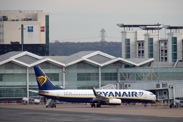 A Ryanair passenger plane at Birmingham Airport