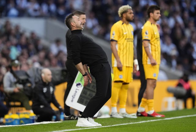 Tottenham manager Roberto De Zerbi reacts on the touchline
