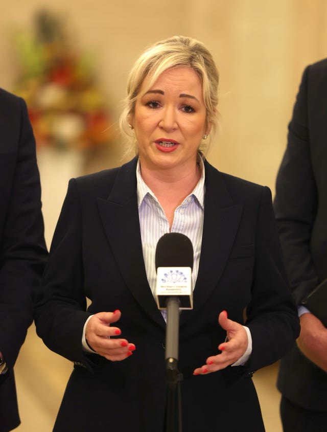 First Minister Michelle O’Neill MLA speaking to the media in the Great Hall at Parliament Buildings, Stormont