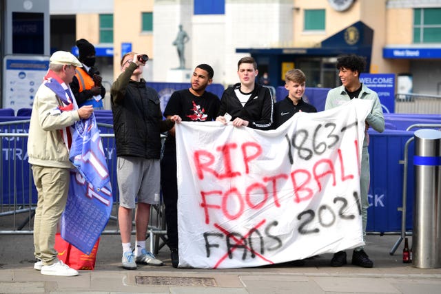 Chelsea fans protested against the European Super League before their match with Brighton on Tuesday