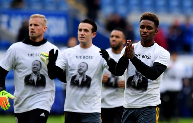 Leicester's players wore a Vichai Srivaddhanaprabha shirt at Cardiff on Saturday 