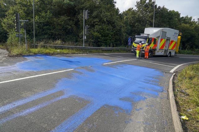 M25 slip road covered in paint
