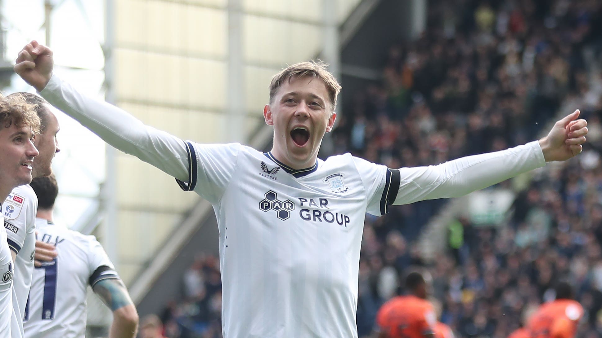 Preston North End’s Mads Frokjaer-Jensen celebrates scoring their side’s first goal of the game during the Sky Bet Championship match at Deepdale, Preston. Picture date: Saturday October 21, 2023.