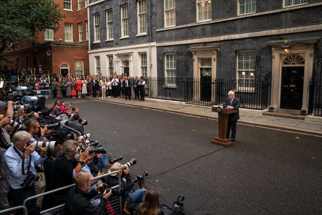 Outgoing prime minister Boris Johnson makes a speech outside 10 Downing Street 