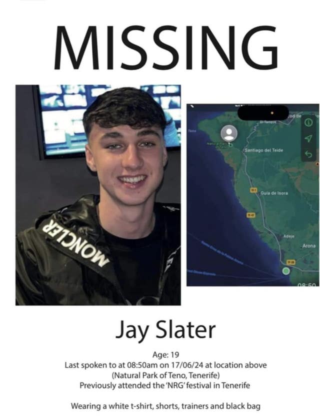 A missing poster for Jay Slater featuring a picture of Mr Slater and a map showing his last-known movemennts