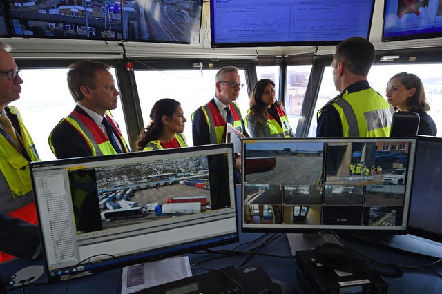 Michael Gove, Priti Patel and Grant Shapps in the terminal control room during a visit to the Port of Dover 