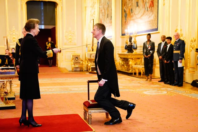 Sir Robert Chote, lately chairman, Office for Budget Responsibility, is made a Knight Bachelor by The Princess Royal (Aaron Chown/PA)